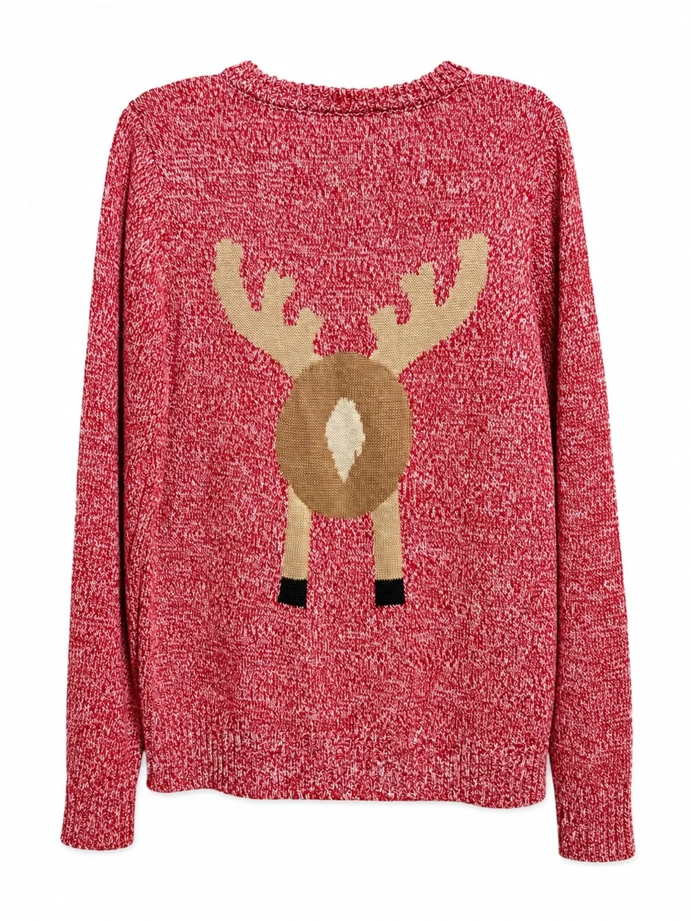 Reindeer Christmas Sweater Red Marled Knit Pom-Pom Nose